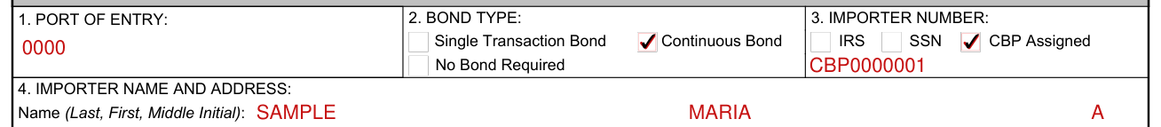 Form 3461 example filled out, blocks 1 to 3, port of entry, bond type and importer number
