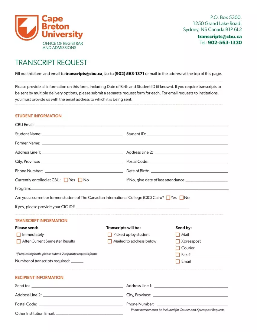 Cbu Transcript Request first page preview