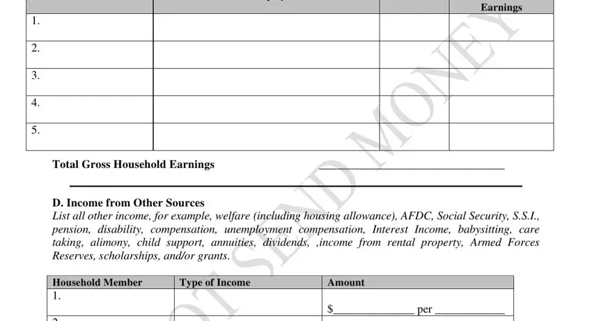 c c apartment management llc Household Member, Name  Address of Employer, Yrs at Job, Gross Annual Earnings, Total Gross Household Earnings, D Income from Other Sources List, Household Member, Type of Income, Amount, and per blanks to insert