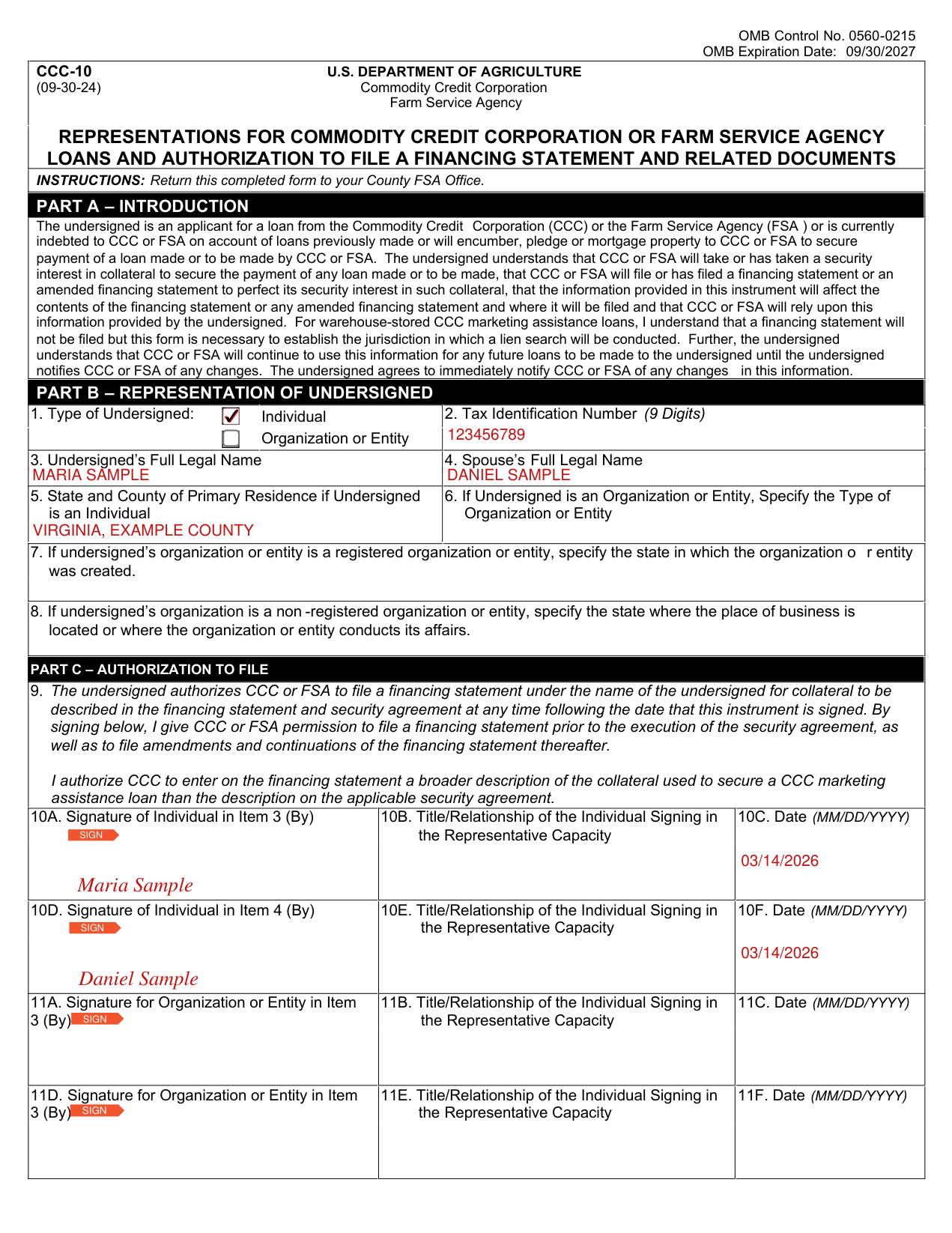 Form CCC-10 example filled out, example: an individual applicant and spouse