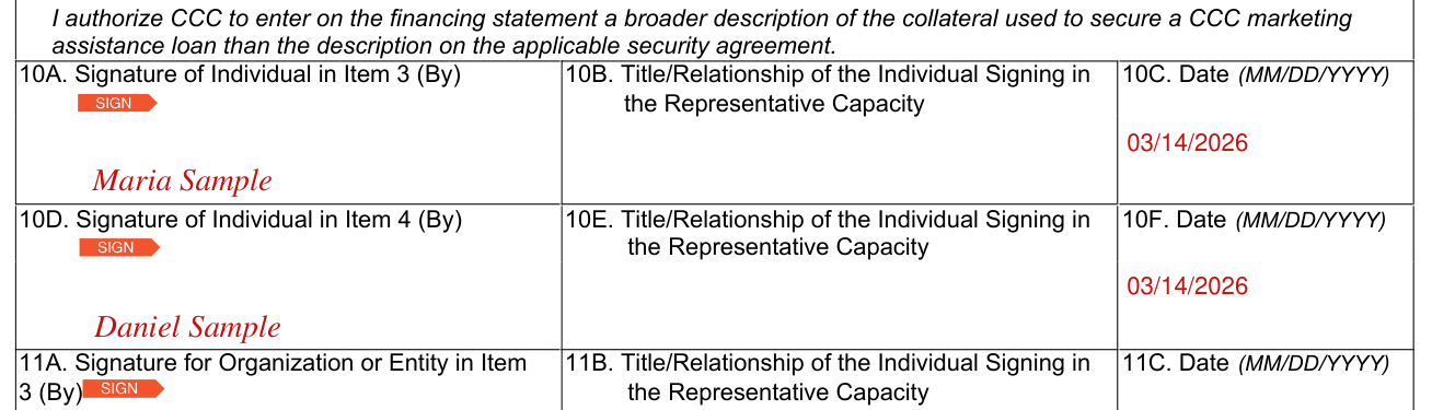 Form CCC-10 example filled out, signature of Individual