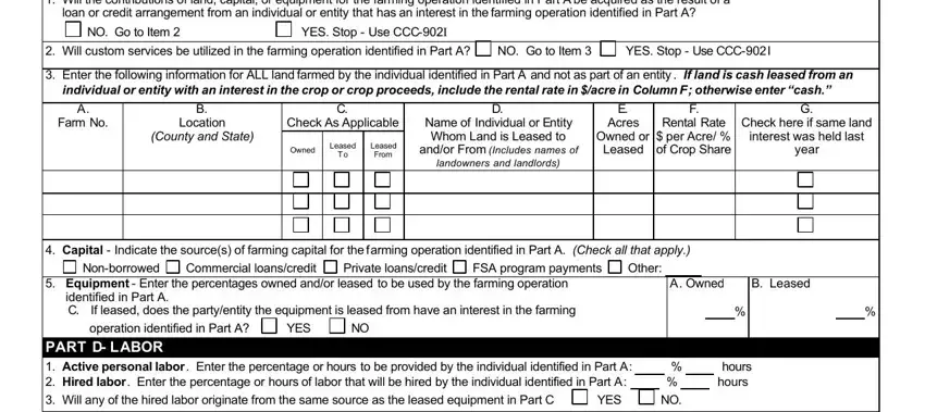 ccc 902 form pdf Owned, Leased, T o, Leased, From, and/or From (Includes names of, landowners and landlords), Owned or Leased, Rental Rate $ per Acre/ % of Crop, year, Non-borrowed, Private loans/credit, Commercial loans/credit, FSA program payments, and YES fields to fill out