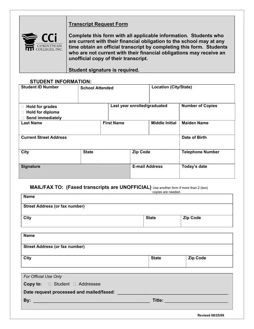 Cci Transcript Request Form first page preview