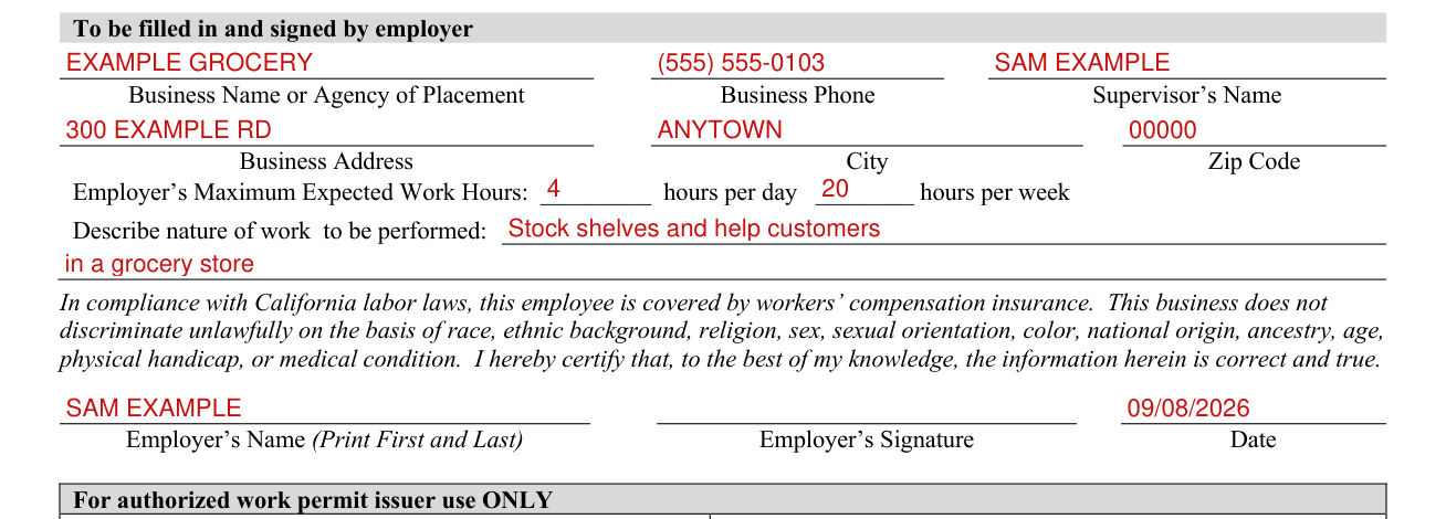 CDE Form B1-1 example filled out, business Name, Maximum Work Hours and Employer's Signature