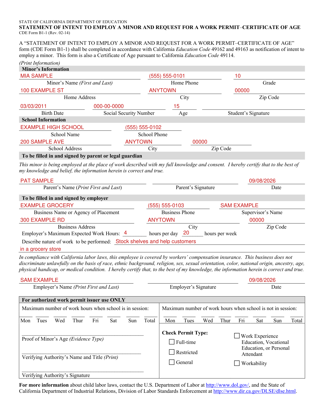 CDE Form B1-1 example filled out, example: a student, a parent and an employer
