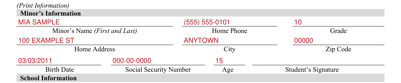 CDE Form B1-1 example filled out, minor's Information