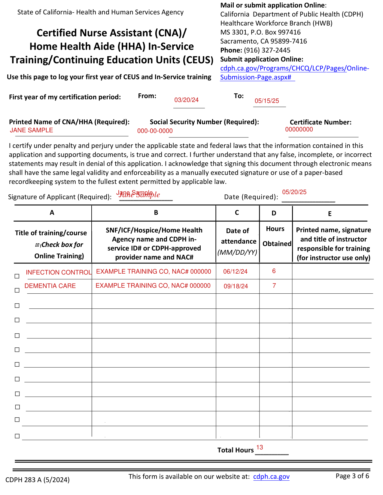 Form CDPH 283 A example filled out, example: a CNA logs two courses