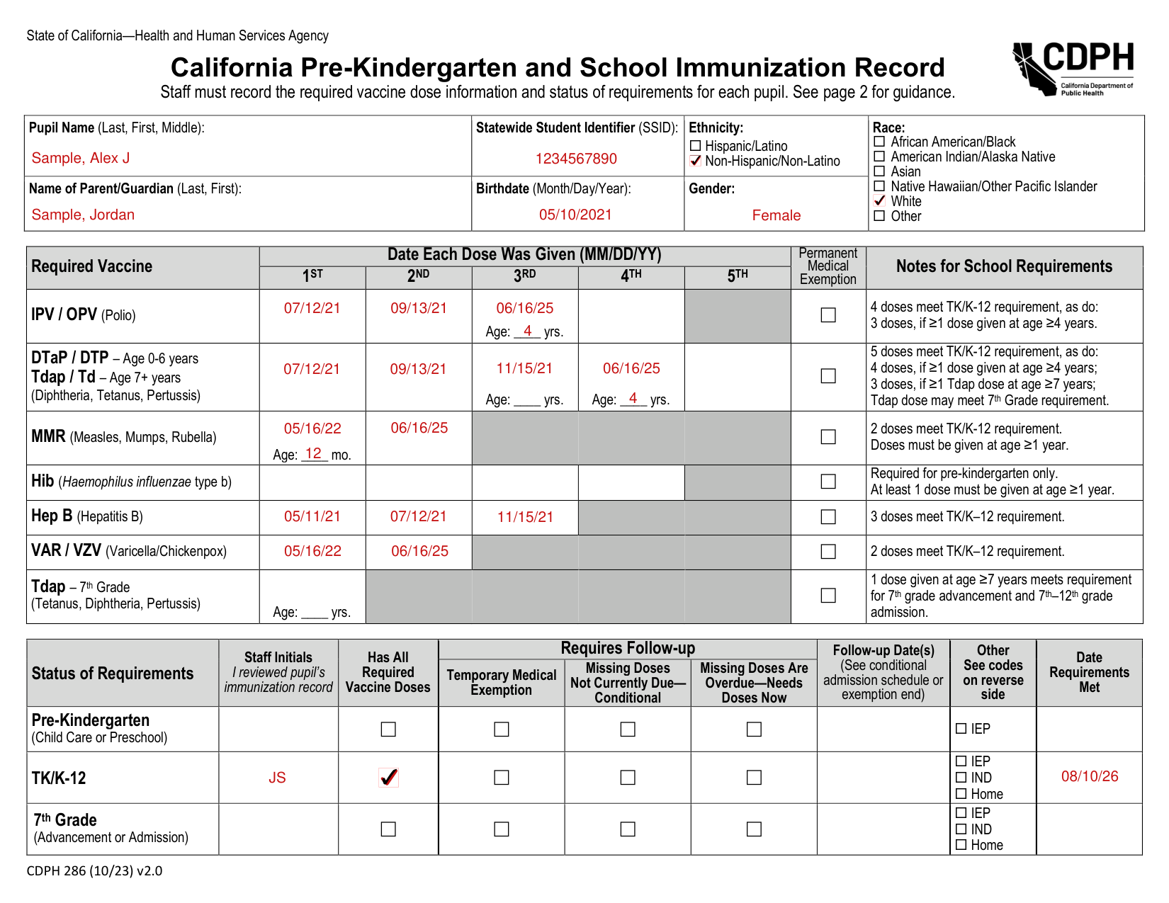 Form CDPH 286 example filled out, example: a kindergarten pupil with all required doses