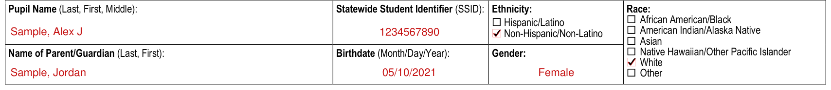Form CDPH 286 example filled out, pupil identification