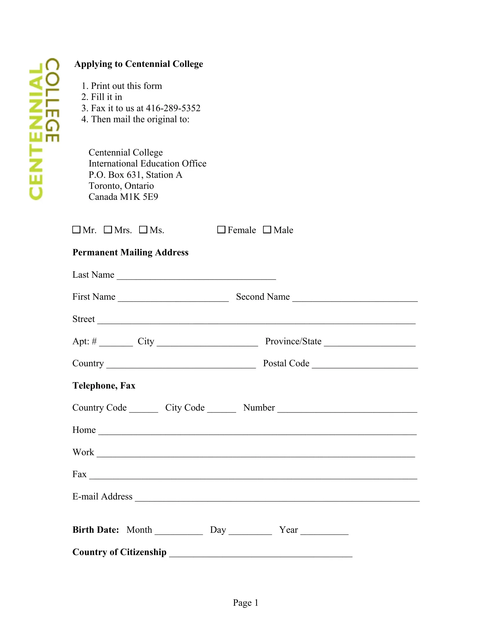 Centennial College Application Form Preview