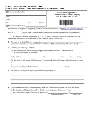 Certficate Of Organization Domestic Llc Sample Pa Preview