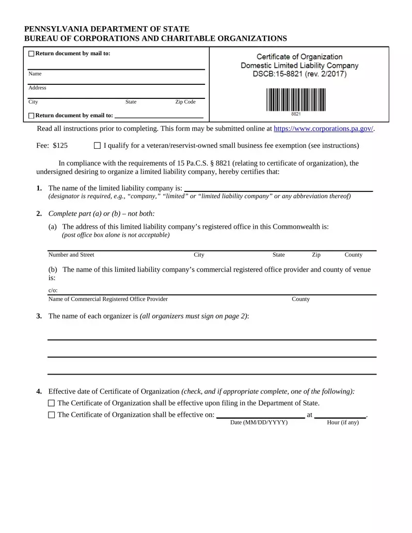 Certficate Of Organization Domestic Llc Sample Pa first page preview