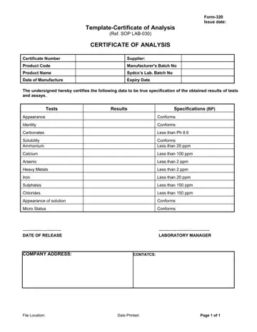 Certificate Analysis Form Preview