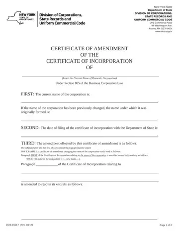 Certificate Of Amendment Ny Sample Preview