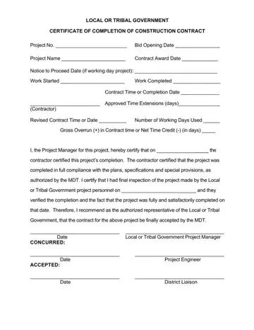 Certificate Of Completion Construction Form Preview
