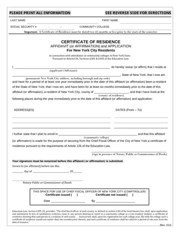 Certificate Of Residence Form Preview