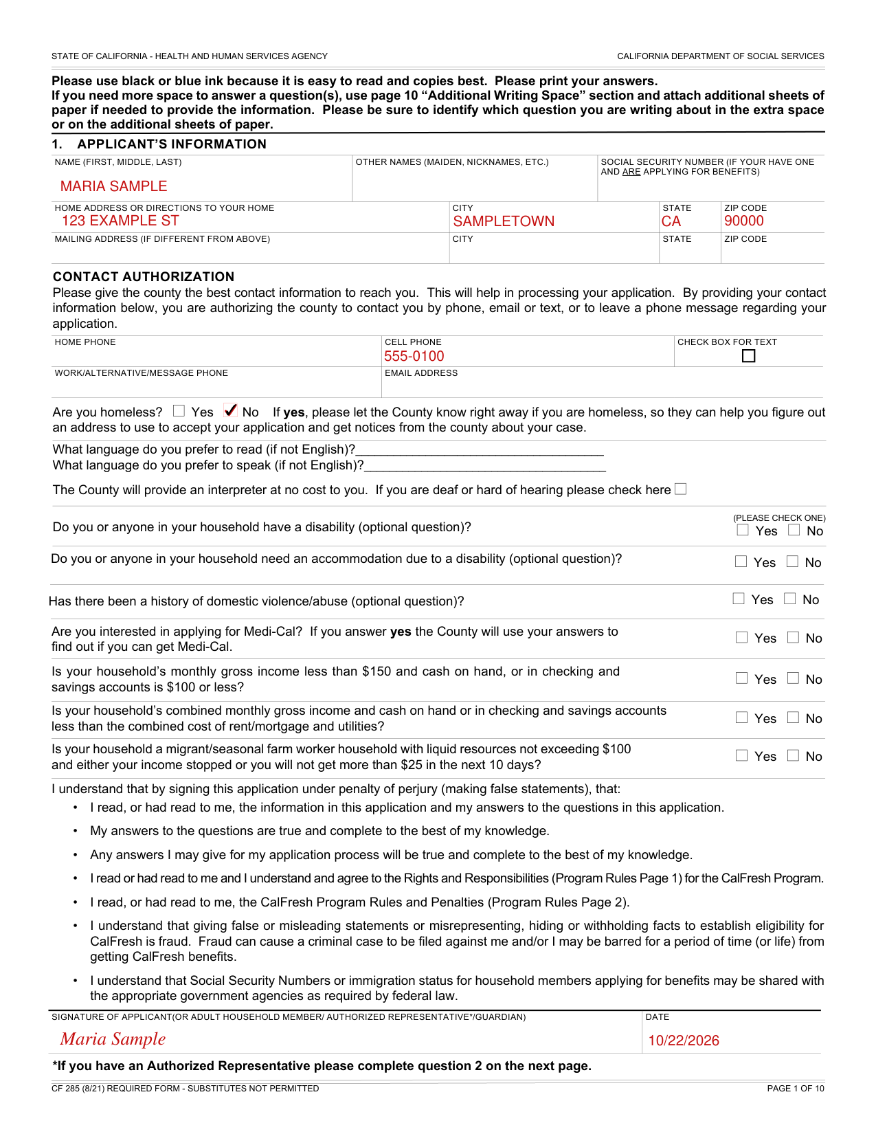 CF 285 example filled out, example: Maria applies for CalFresh