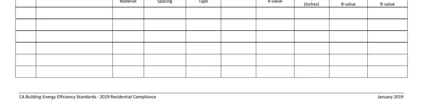 cf1r alt 05 e Manufacturer & Brand, Framing Material, Spacing, Type, ESR Number, R-value, Depth (inches), Insulation, R-value, Insulation, R-value, CA Building Energy Efficiency, and January 2019 blanks to complete