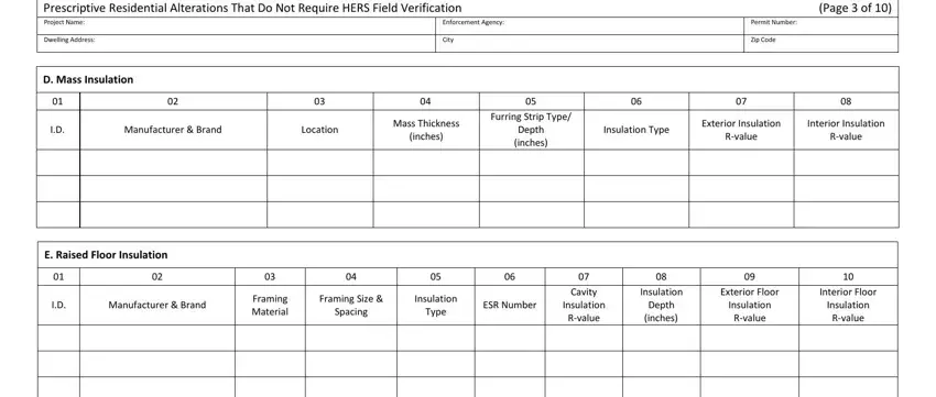 cf1r alt 05 e CERTIFICATE OF INSTALLATION, Enforcement Agency:, Dwelling Address:, City, CF2R-ALT-05-E (Page 3 of 10), Permit Number:, Zip Code, Manufacturer & Brand, Location, Mass Thickness, (inches), Furring Strip Type/, Depth (inches), Insulation Type, and Exterior Insulation blanks to insert