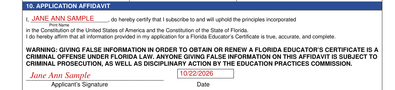 Form CG-10 example filled out, 10. Application affidavit