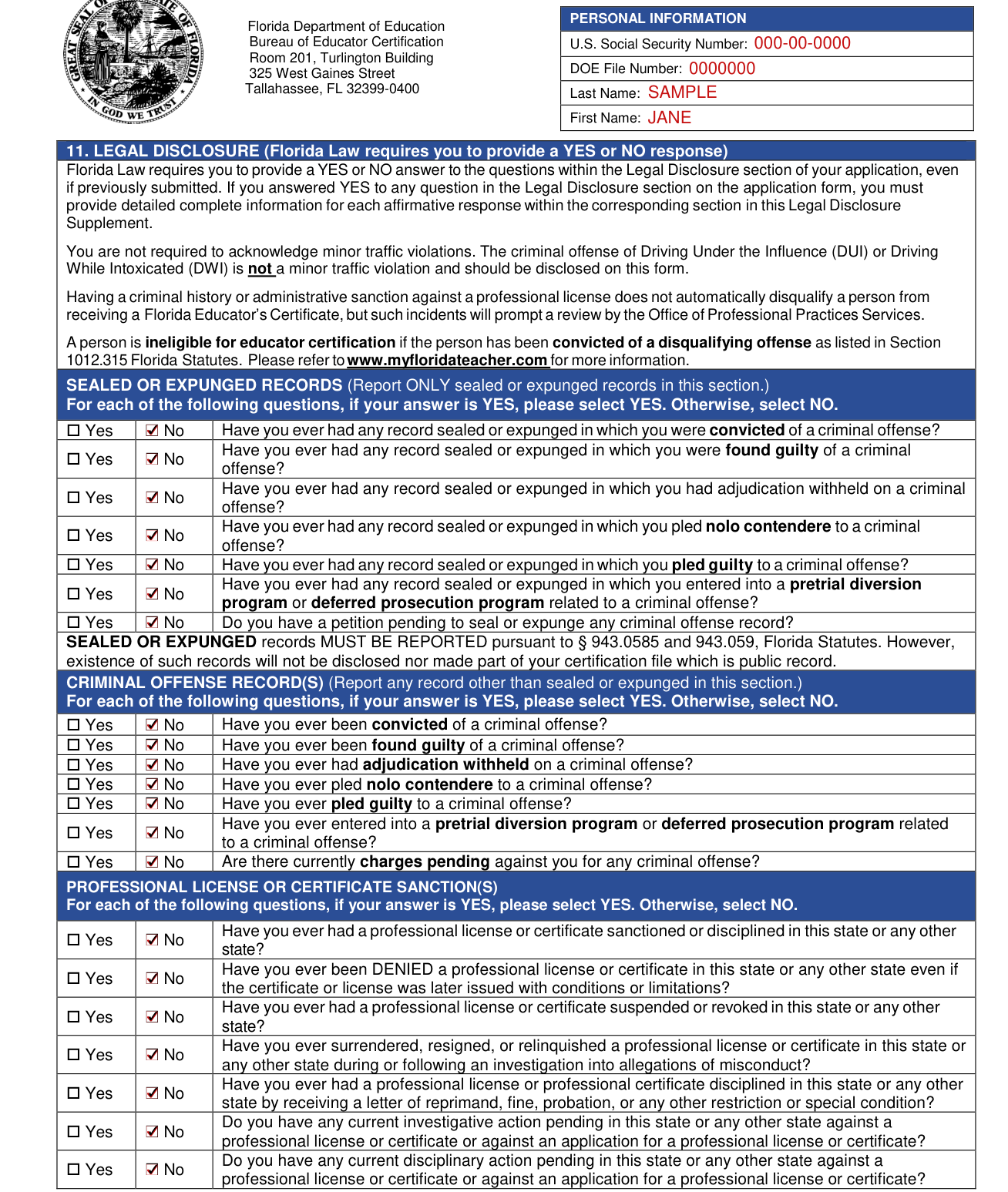 Form CG-10 example filled out, 11. Legal disclosure