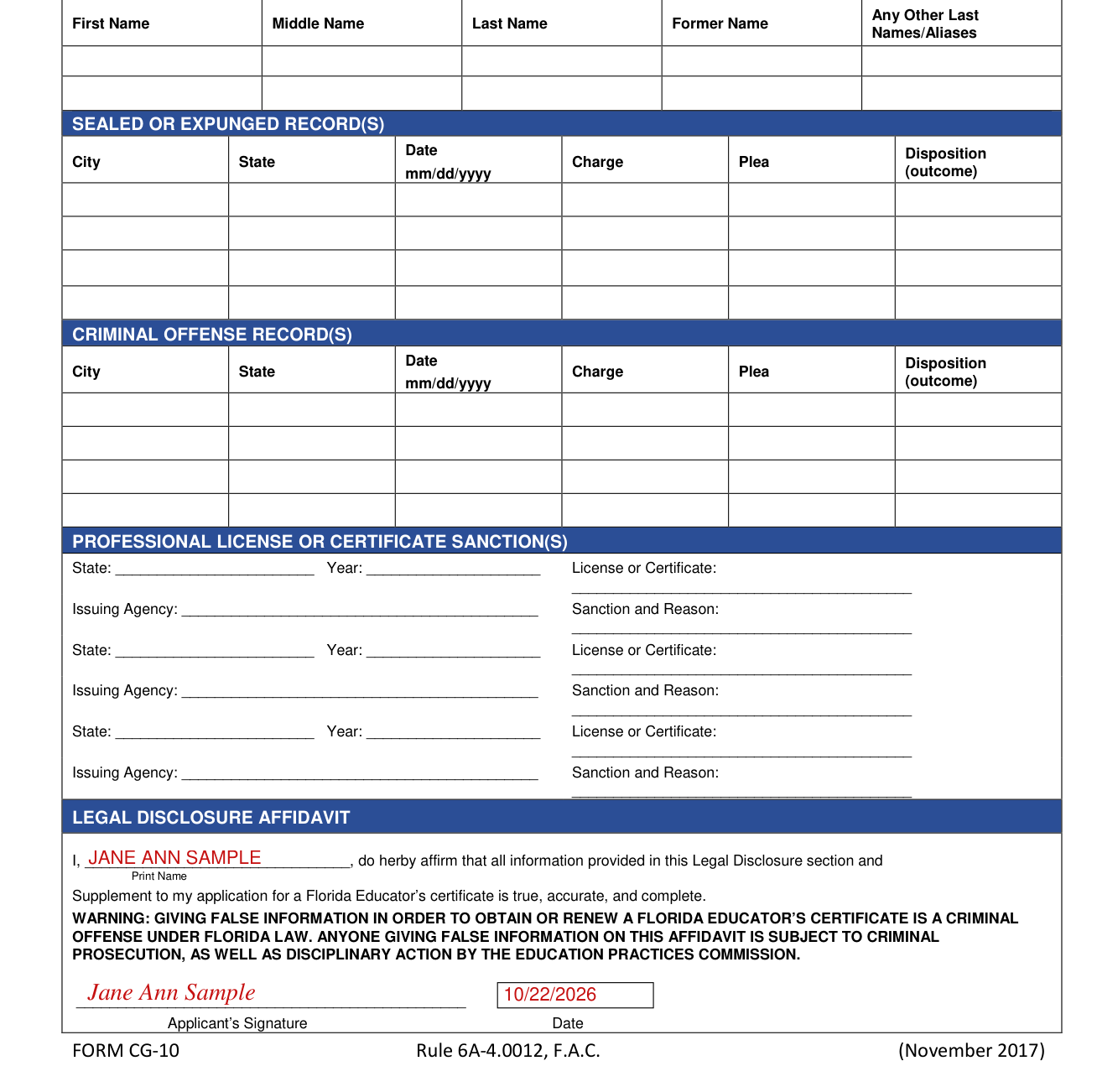 Form CG-10 example filled out, 12. Legal disclosure supplement
