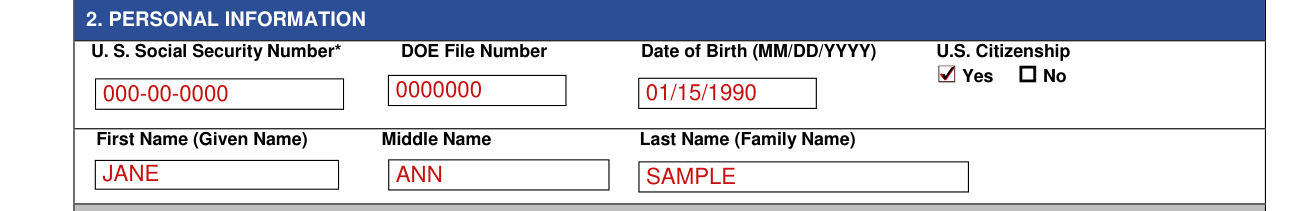 Form CG-10 example filled out, 2. Personal information