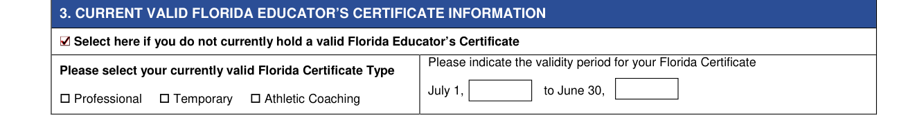 Form CG-10 example filled out, 3. Current valid Florida educator's certificate information