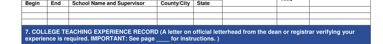 Form CG-10 example filled out, 6. K-12 teaching experience record