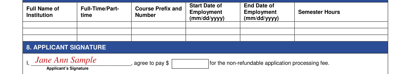 Form CG-10 example filled out, 7. College teaching experience record