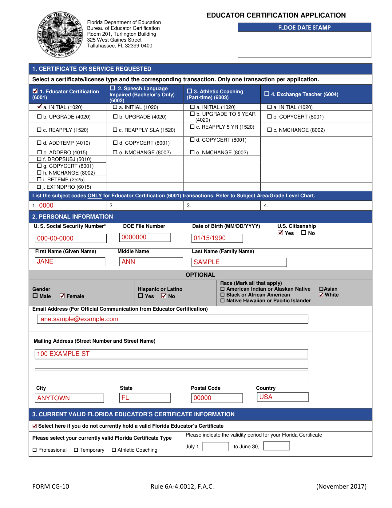 Form CG-10 example filled out, example: a first Florida educator certificate