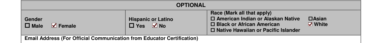Form CG-10 example filled out, optional: race, gender and Hispanic or Latino