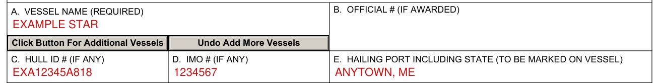 Form CG-1258 example filled out, a to E, vessel name, official number, hull ID, IMO and hailing port