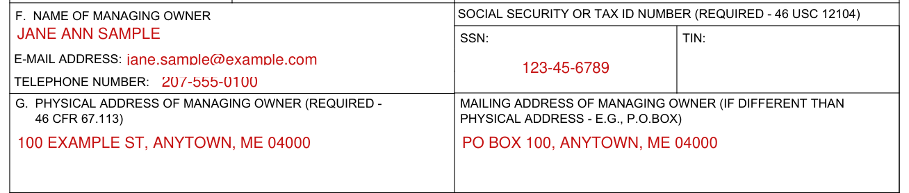 Form CG-1258 example filled out, f and G, the managing owner