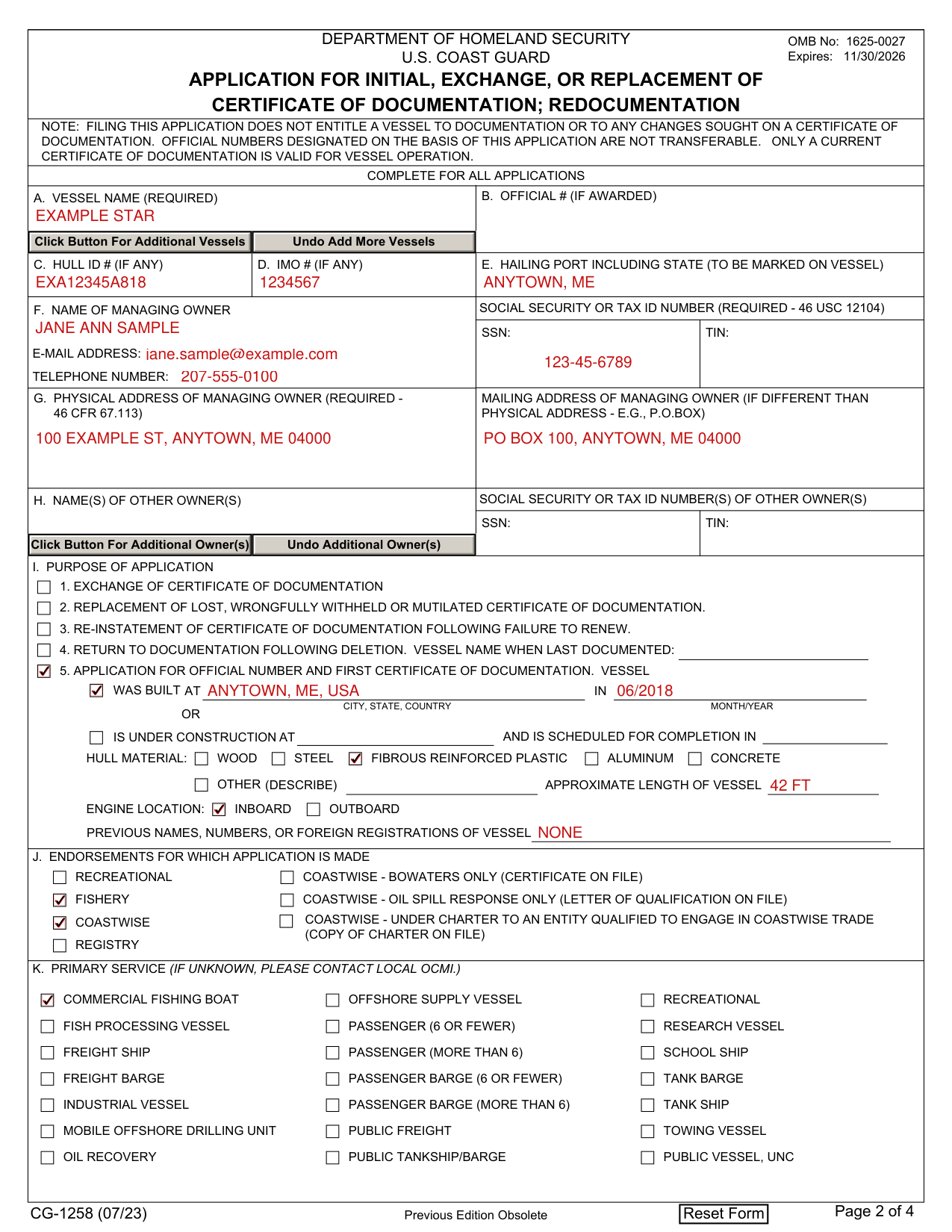 Form CG-1258 example filled out, example: first documentation of a fishing boat