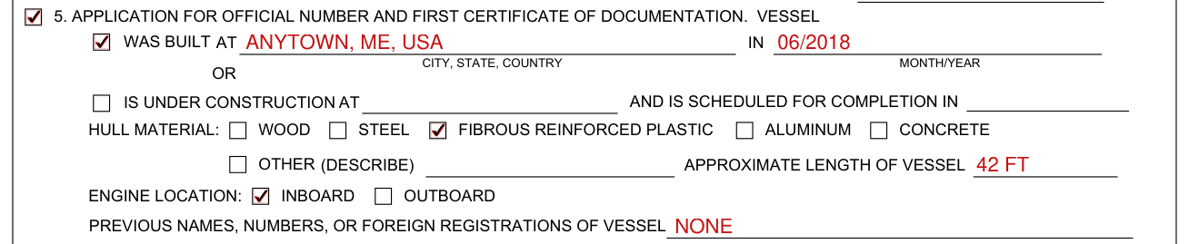 Form CG-1258 example filled out, i, block 5, a vessel never documented