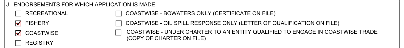 Form CG-1258 example filled out, j, endorsements for which application is made