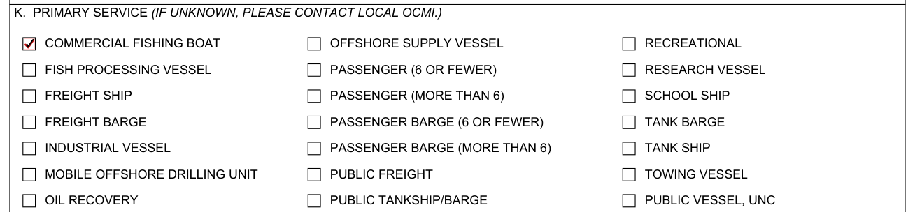 Form CG-1258 example filled out, k, primary service