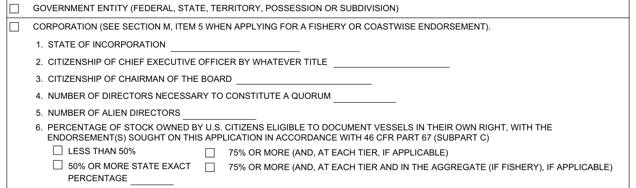 Form CG-1258 example filled out, l, citizenship: corporation