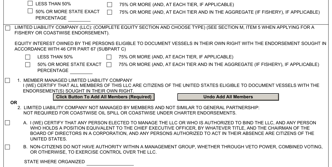 Form CG-1258 example filled out, l, citizenship: limited liability company (LLC)