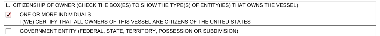 Form CG-1258 example filled out, l, citizenship of owner: individual or government entity