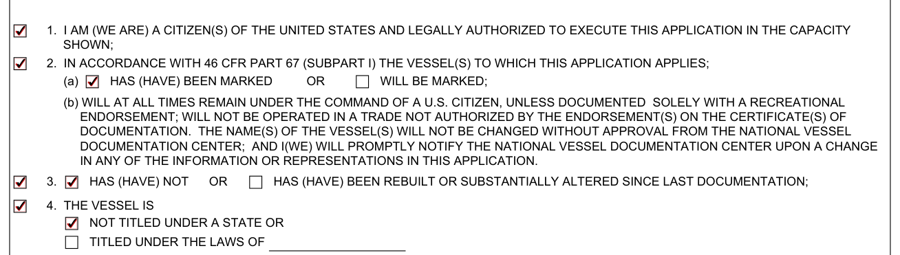 Form CG-1258 example filled out, m, I (we) certify that, items 1 to 4