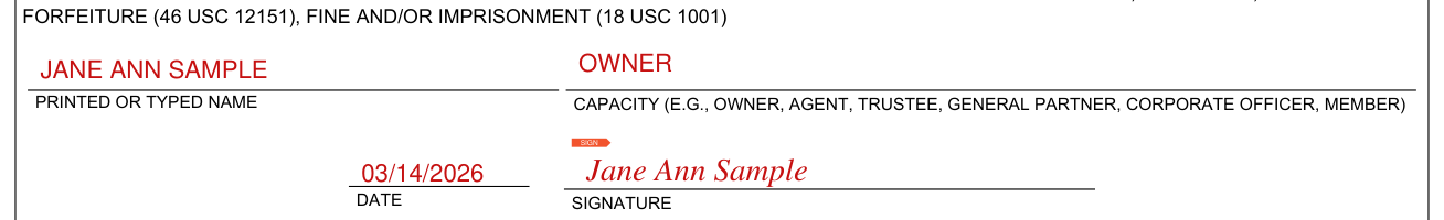 Form CG-1258 example filled out, m, signature, capacity, printed name and date