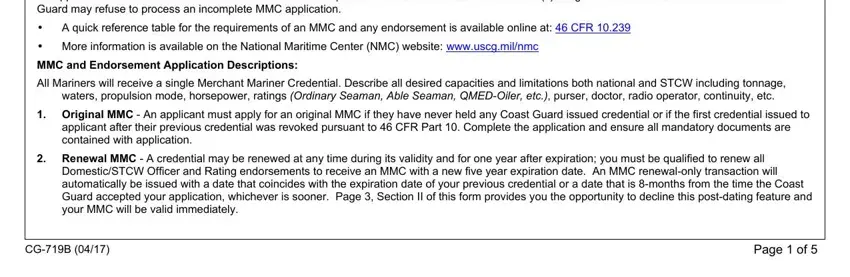 form cg 719b An applicant must establish that, A quick reference table for the, CFR, More information is available on, wwwuscgmilnmc, MMC and Endorsement Application, All Mariners will receive a single, waters propulsion mode horsepower, Original MMC  An applicant must, Renewal MMC  A credential may be, DomesticSTCW Officer and Rating, CGB, and Page  of fields to complete