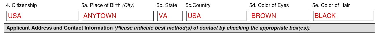 Form CG-719B example filled out, citizenship and place of birth
