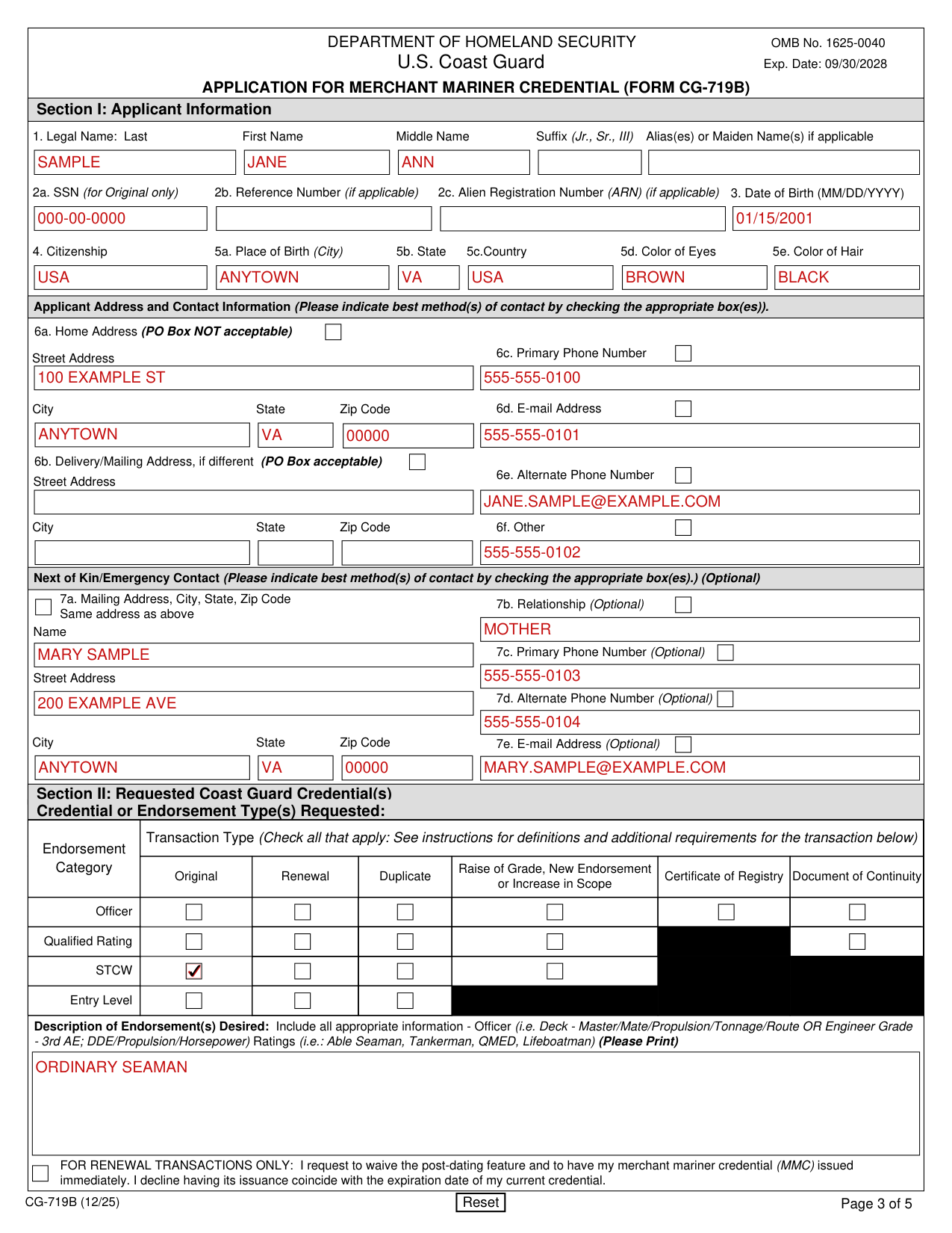 Form CG-719B example filled out, example: an original entry level credential
