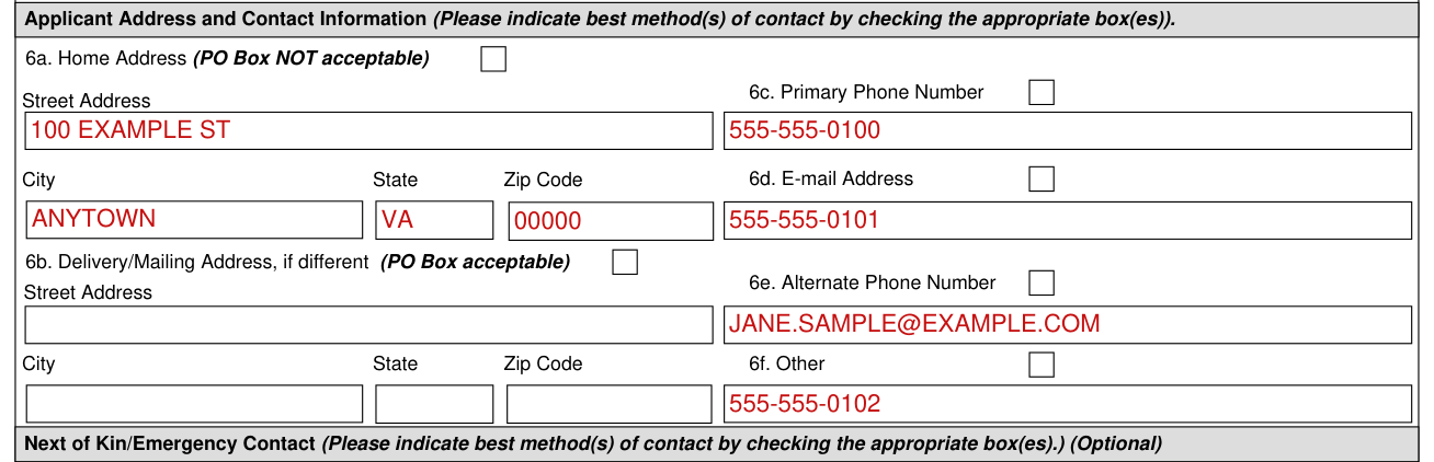Form CG-719B example filled out, home Address and Delivery/Mailing Address