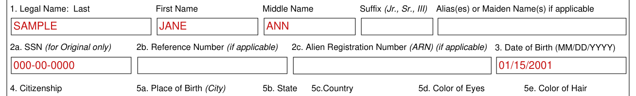 Form CG-719B example filled out, legal name, numbers and date of birth