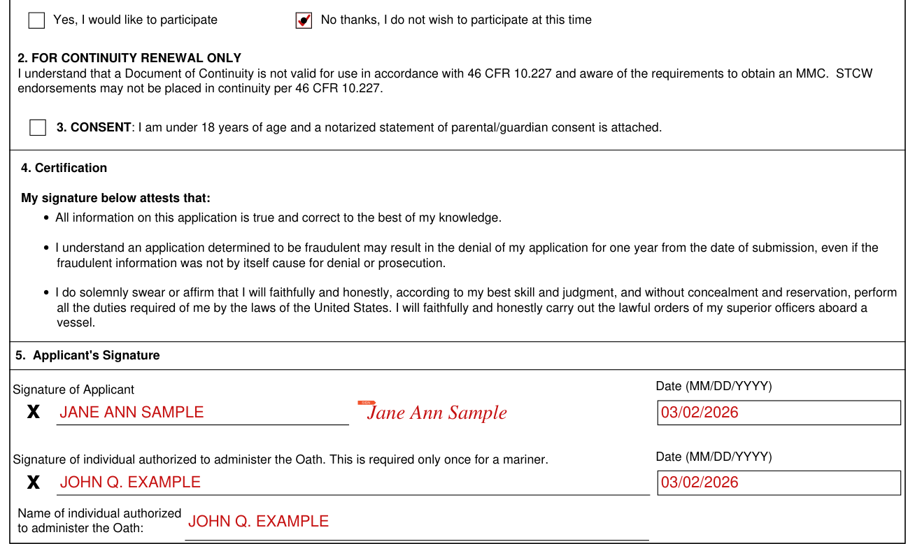 Form CG-719B example filled out, mariner Outreach System, Oath, Certification and Signatures