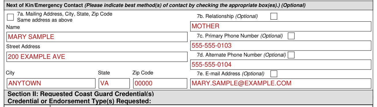 Form CG-719B example filled out, next of Kin/Emergency Contact